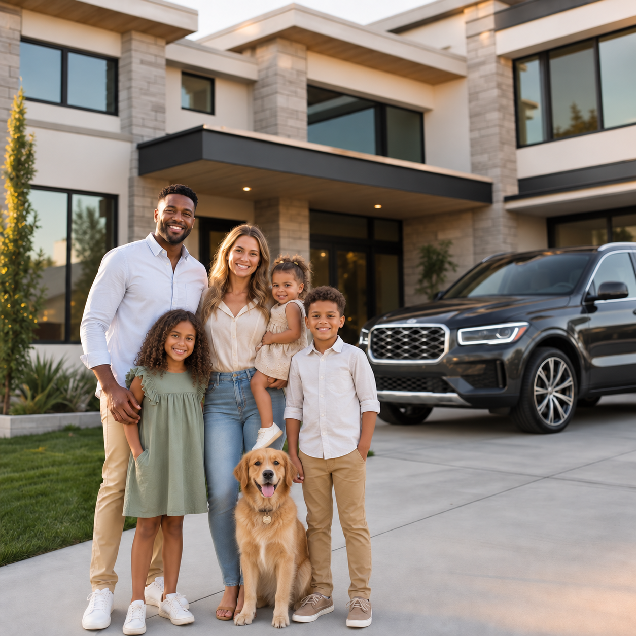 Happy family in front of a modern luxury home with their SUV